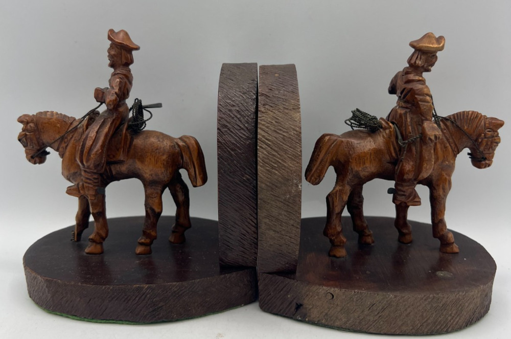 Vintage Hand Carved Wood Cowboy Horse Bookends Western Equestrian Pair